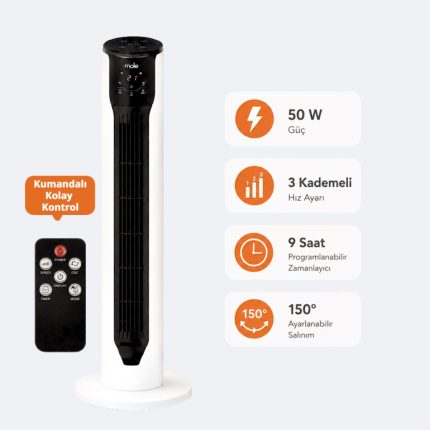 Mole F10 Kule Tipi Vantilatör Kumandalı 3 Kademeli 50W Beyaz